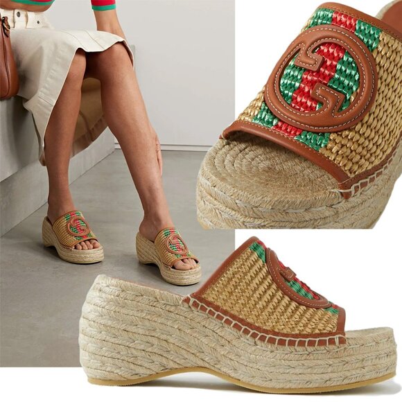GUCCI SHOES WOVEN RAFFIA WEDGE ESPADRILLES w G LOGO WEB SLIDES sz 39.5 9.5